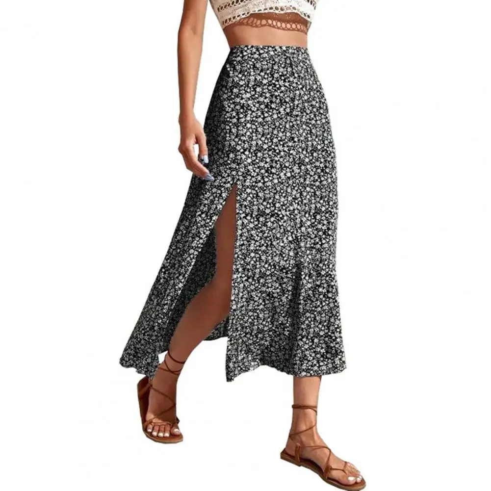 

Women Long Skirt Breathable High Split Mid Waisted Hip Wrap A Line Swing Elegant Floral Print Ladies Summer Skirt Dating Wear