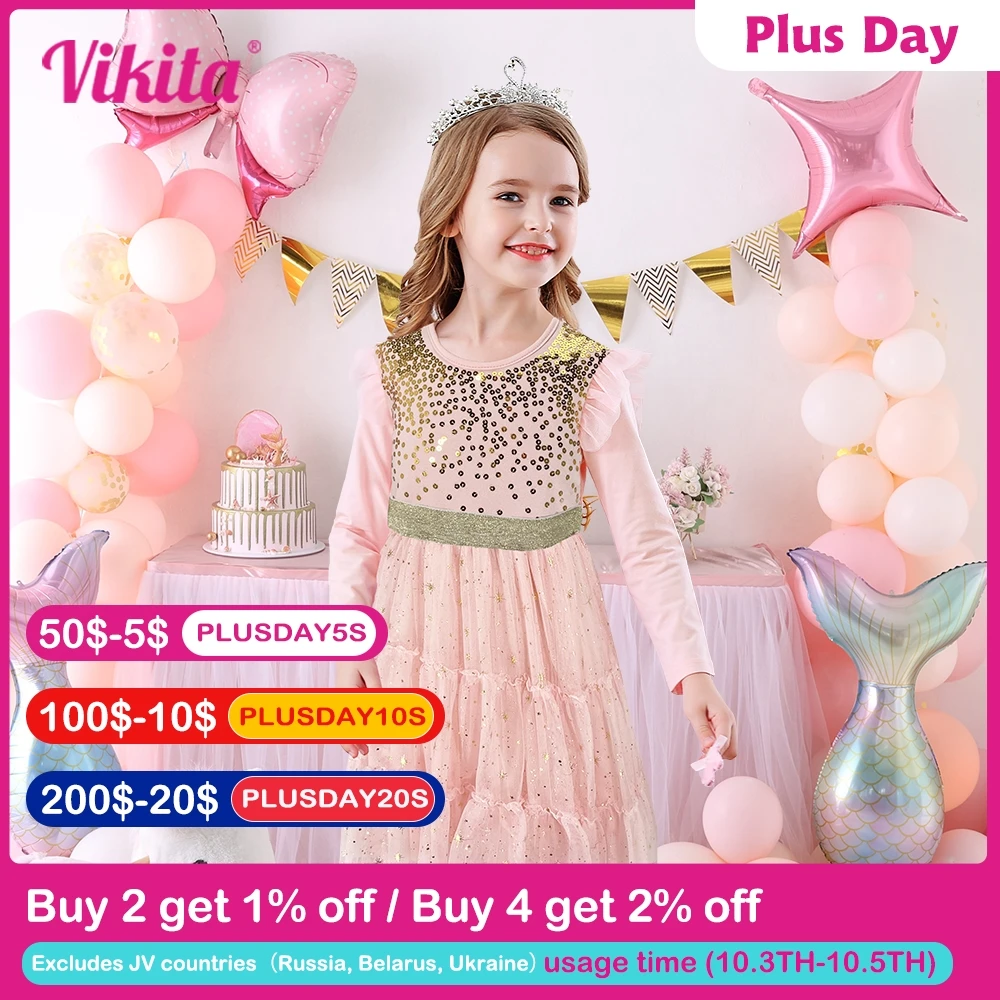 VIKITA Kids Dress for Girl Cake Layered Mesh Tulle Princess Dress Children Casual Clothing Wedding Party Gown Sequins Costumes