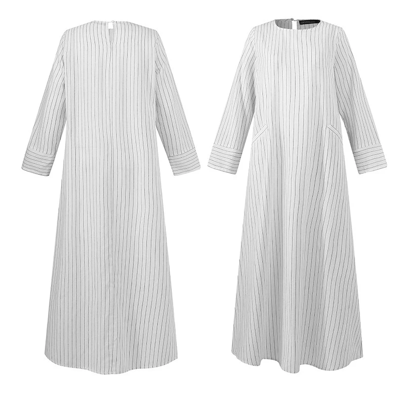 Women Muslim Long Sleeve Robe Cotton Linen Striped Round Neck Long Dress with Pocket Middle East Arab Dubai Loose Casual Clothes