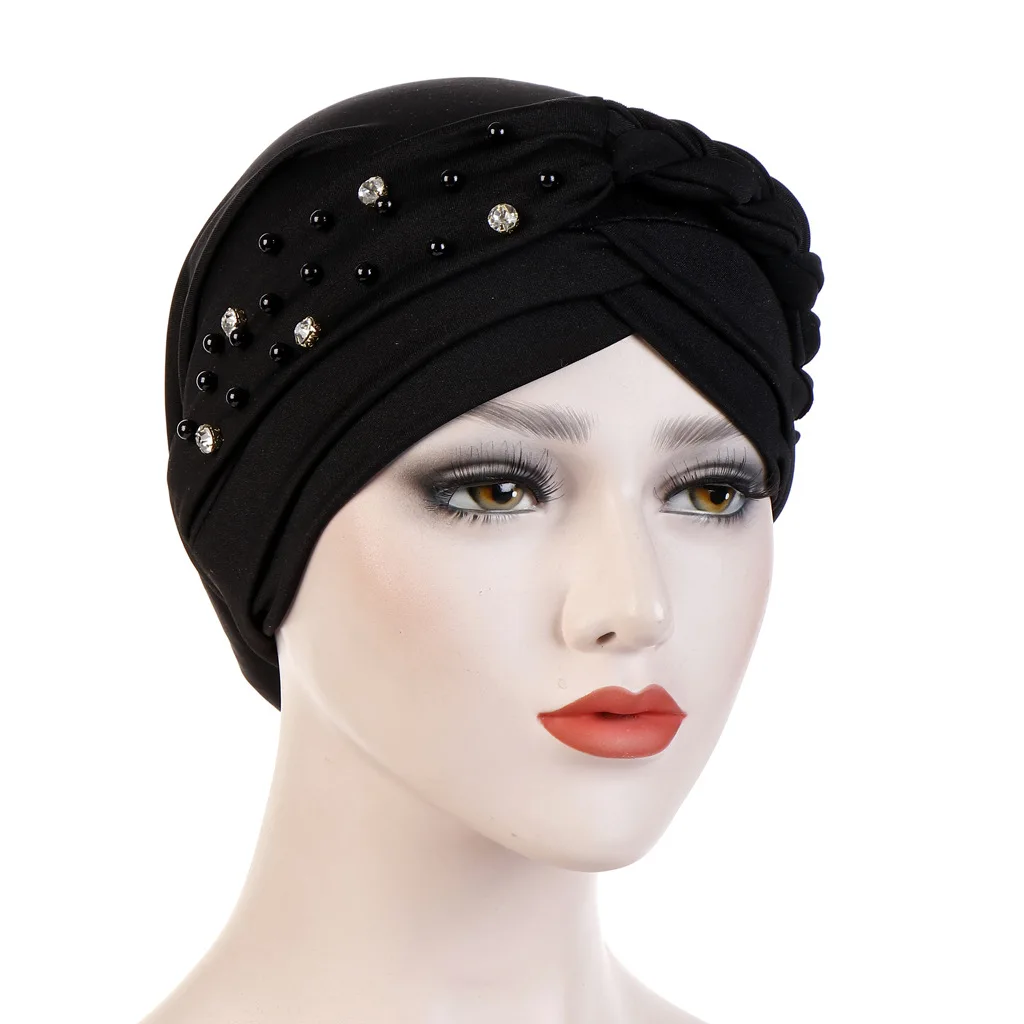 

Braid Turbans for Women Diamonds Beads Muslim Head Scarf Turban Bonnet Femme Musulman Islamic Headdress Hair Wraps Indian Hat