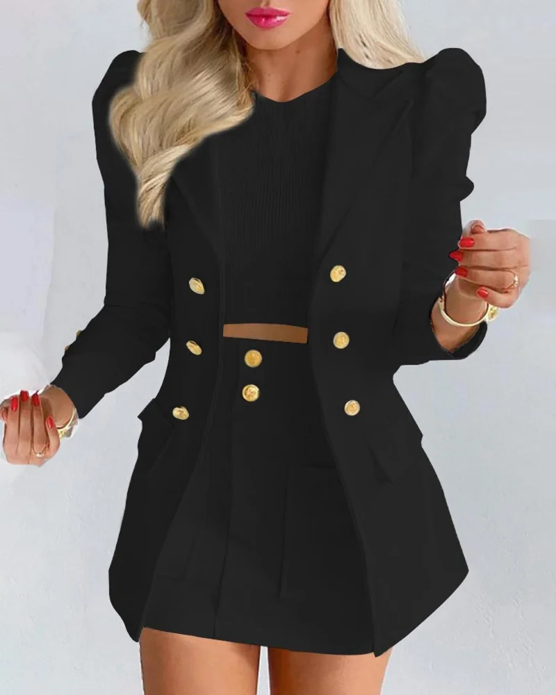 2022 Spring New Solid Color Long Sleeve Button Small Suit Jacket + Short Skirt Suit Temperament Commuter Fashion Casual Suit