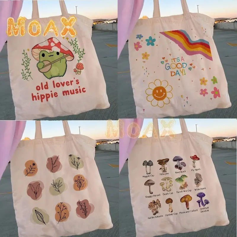 

Women Mushroom Flower Shoulder Bag Harajuku Styles Casual Canvas Shopper Bags Girl Cartoon Handbag No Zipper Reusable Tote Bag