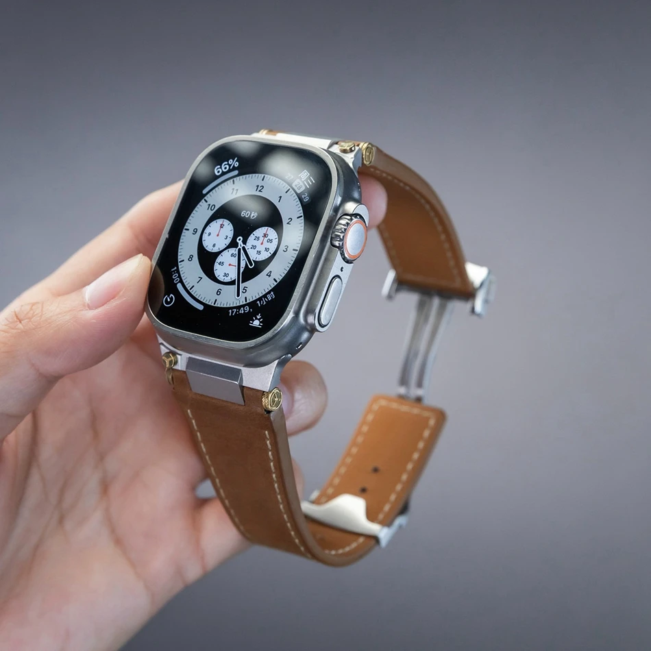Фото Мужской кожаный ремешок для Apple Watch 11, 10, 9, 8, 6, 7, 3, SE с раскладывающейся застежкой, для серий Iwatch 42, 44, 45, 46, 49 мм, роскошные сменные ремешки №5