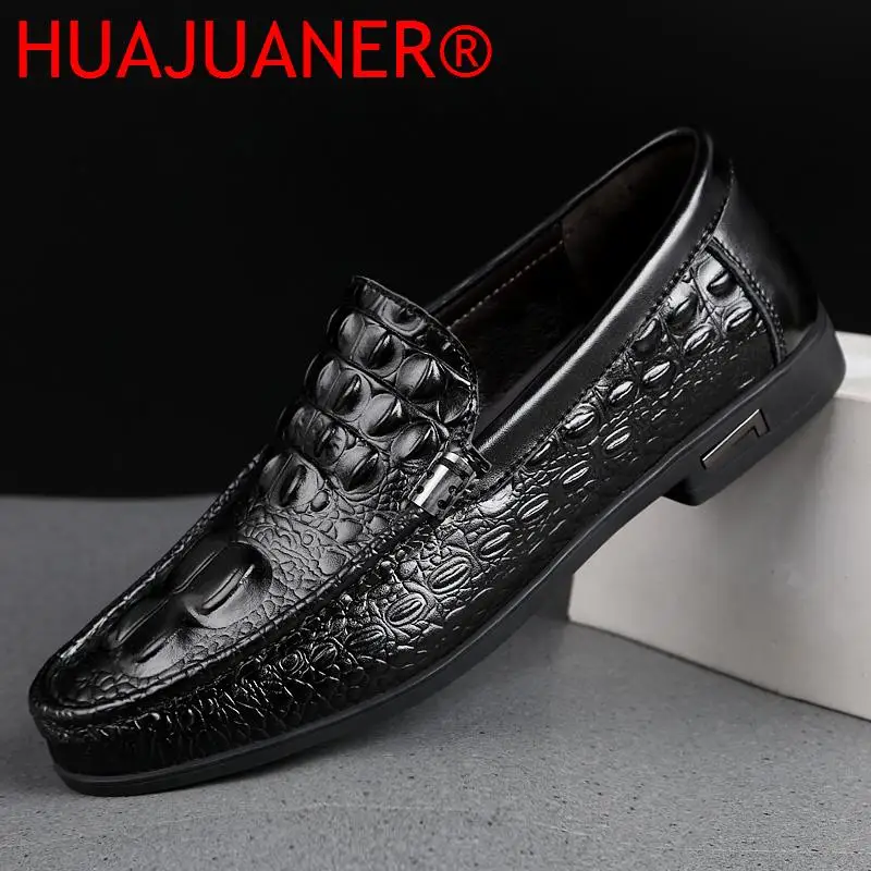 

Men Black Dress Loafers Crocodile Pattern High Quality Slip-ons Stylish Business Formal Shoes Male Casual Summer Flats Moccasins