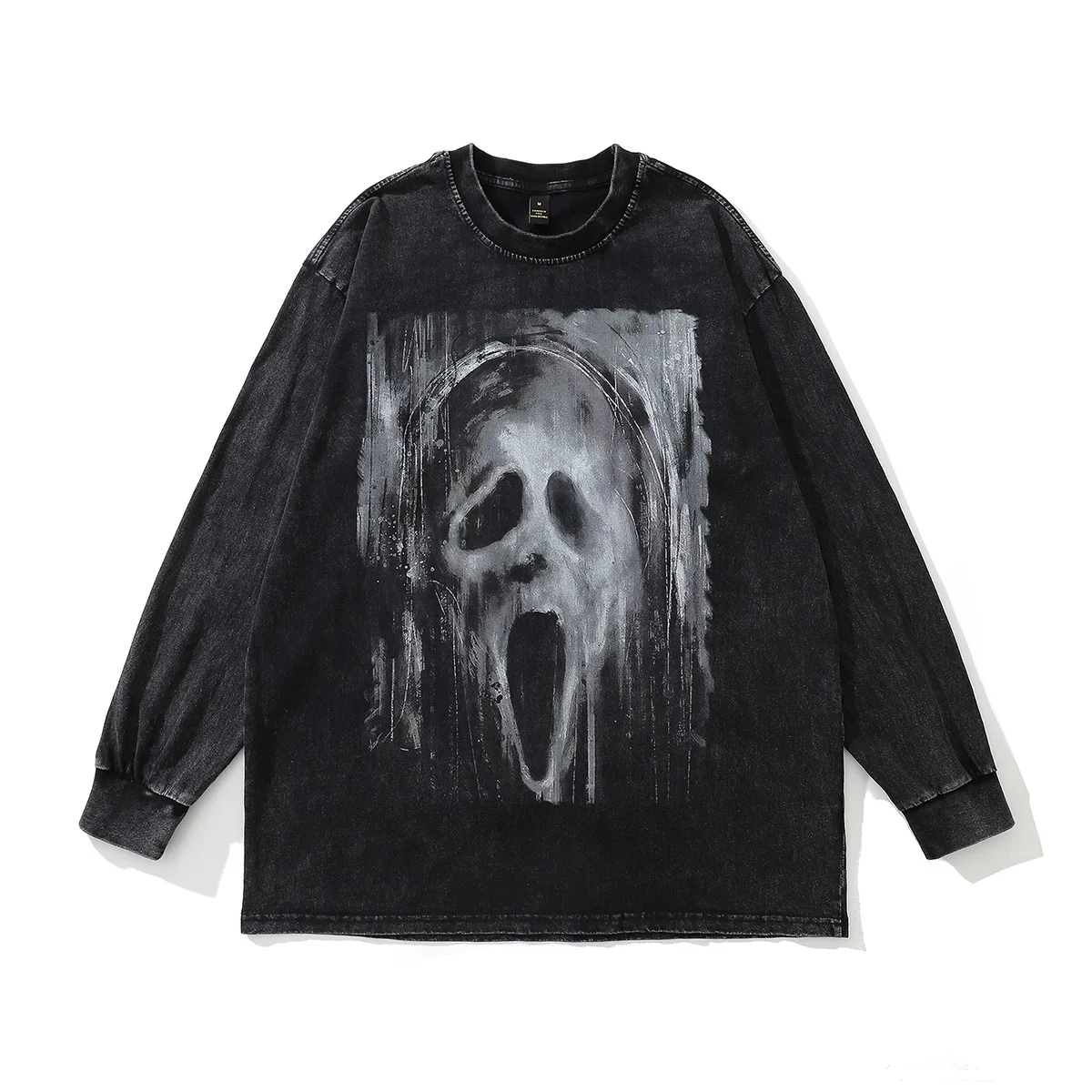 

Hip Hop Streetwear Washed Black Ghost T Shirt Vintage Harajuku T-Shirt 2022 Autumn Men Cotton Long Sleeve Tshirt Loose Punk