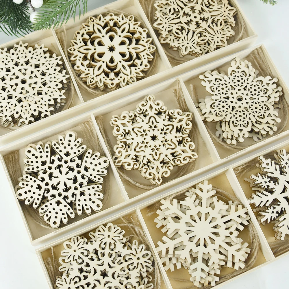 

18pcs/box Christmas Wooden Snowflake Pendants Xmas Tree Hanging Ornament Navidad Christmas Party Decoration 2022 New Year Gifts