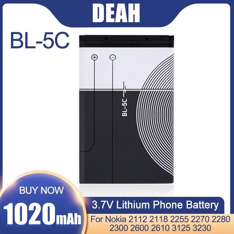 

NEW2023 1-5PCS 3.7V 1020mAh BL-5C BL5C BL 5C Replacement Phone Battery For Nokia 2112 2118 2255 2270 2280 2300 2600 2610 3125 32