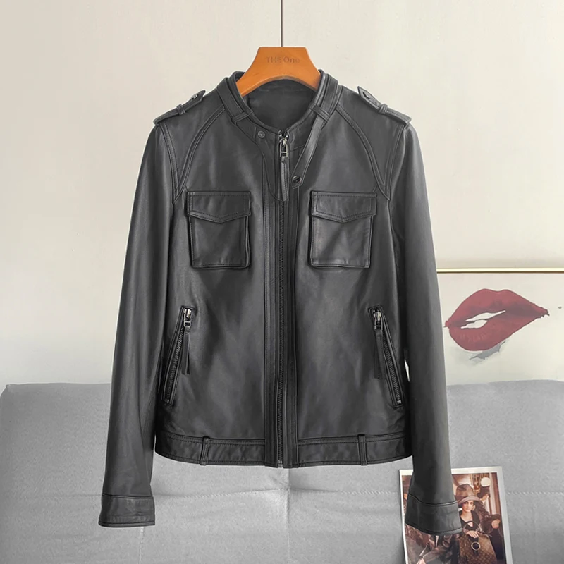 Женская короткая мотоциклетная кожаная куртка