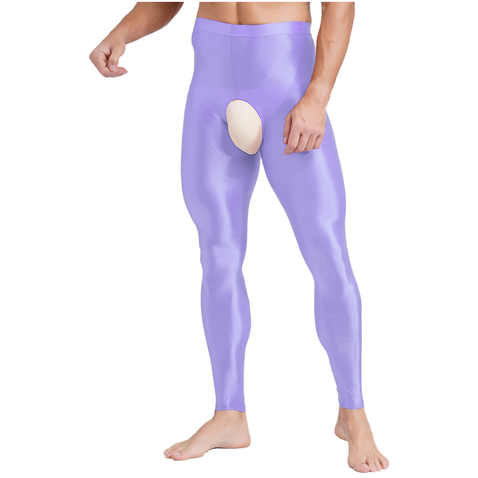 Мужские глянцевые леггинсы с открытой промежностью Однотонные эластичные