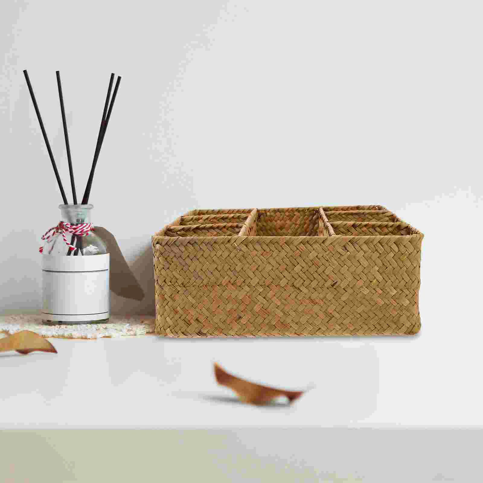 

Hamper Sundries Basket Storage Woven Organizer Desktop Container Grass Baskets Bin