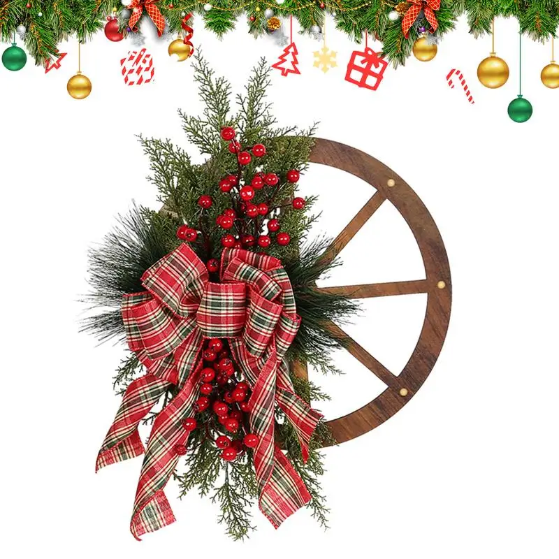 

Artificial Christmas Wreath Pine Needles Wheel Christmas Garland Ornament With Bow Non Fade Realistic Red Berry Christmas Wreath