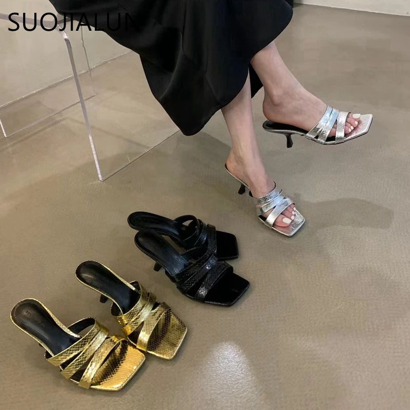 

Летние Новые Брендовые женские шлепанцы SUOJIALUN 2023, модные элегантные женские сандалии с переплетением и квадратным носком, Классические шле...