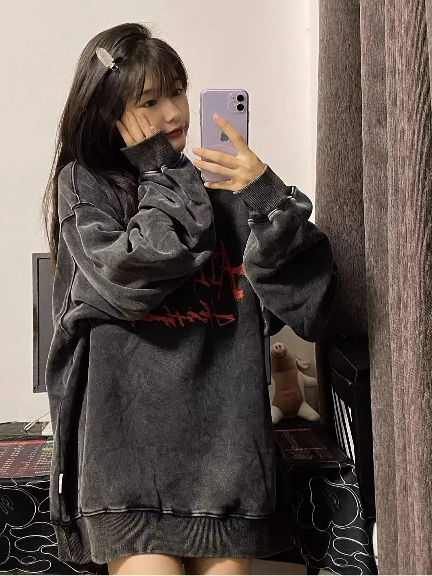 Модная темно-серая толстовка с капюшоном флисовый утепленный свитшот длинным