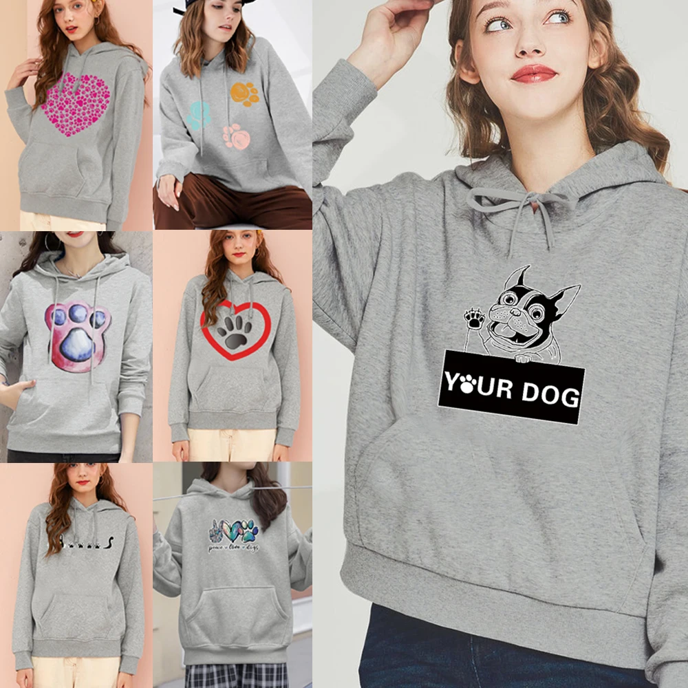 

Streetwear Women Sweetshirts Harajuku Footprints Print Grey Hoodie Pockets Hip Hop All-match Pullover Clothes Fashion Sweatshirt
