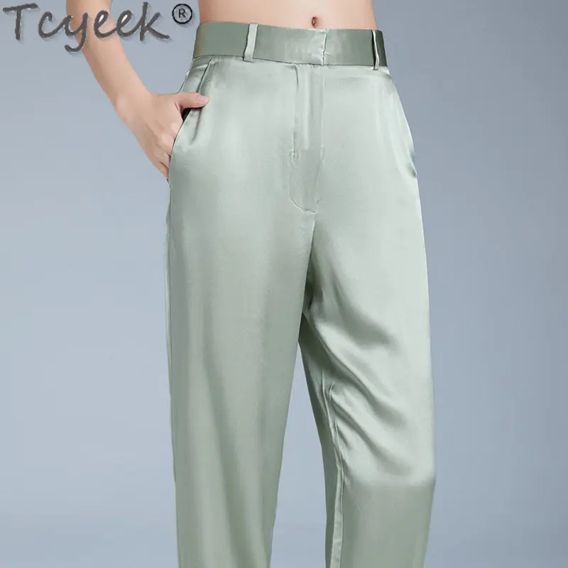Tcyeek 2023 New Summer Mulberry Silk Harem Pants Women High Waisted Loose Long Pants Ladies Nine-quarter Trousers Pantalon Zm