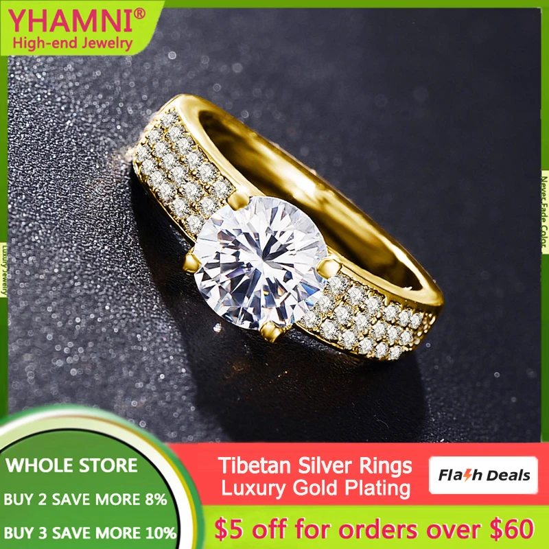 

Fashion Fine Yellow Gold Color Tibetan Silver Ring High Quality 8mm 2.0ct Cubic Zircon Jewelry Wedding Band Rings For Women R010