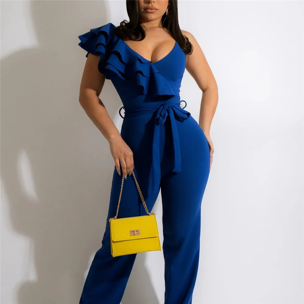 

2022 Women Fashion Jumpsuit Non-sleeve Solid Color Ruffle Bow Tie Patchwork High Waist Western Style Sexy Ladies Jumpsuit