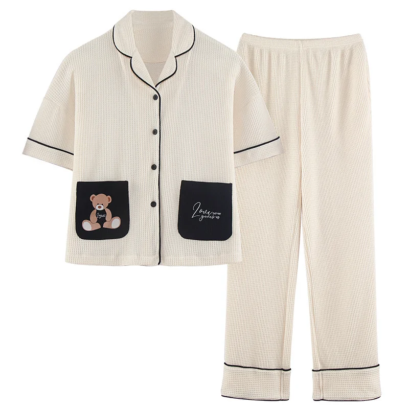 

Waffle Pajamas Women Summer Cotton Short Sleeve Home Version Simple Girls Can Wear Spring And Autumn Suit