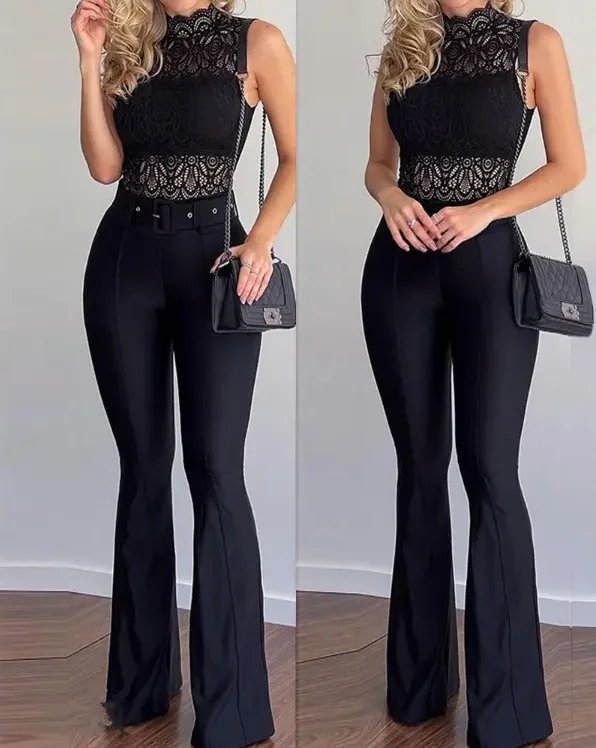 

2 Piece Sets Womens Outfits Sexy Sleeveless Lace Top & Bootcut Pants Set with Belt 2022 Summer Fashion New Office Woman Suit