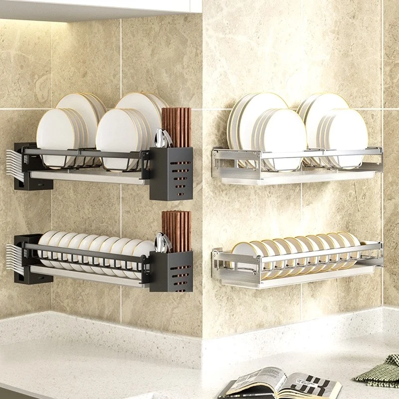 

Wall Mounted Stainless Steel Dish Drainer Drying Rack Sink Bowl Dishes Drain Racks Kitchen Organizer Chopstick Holder Hanging