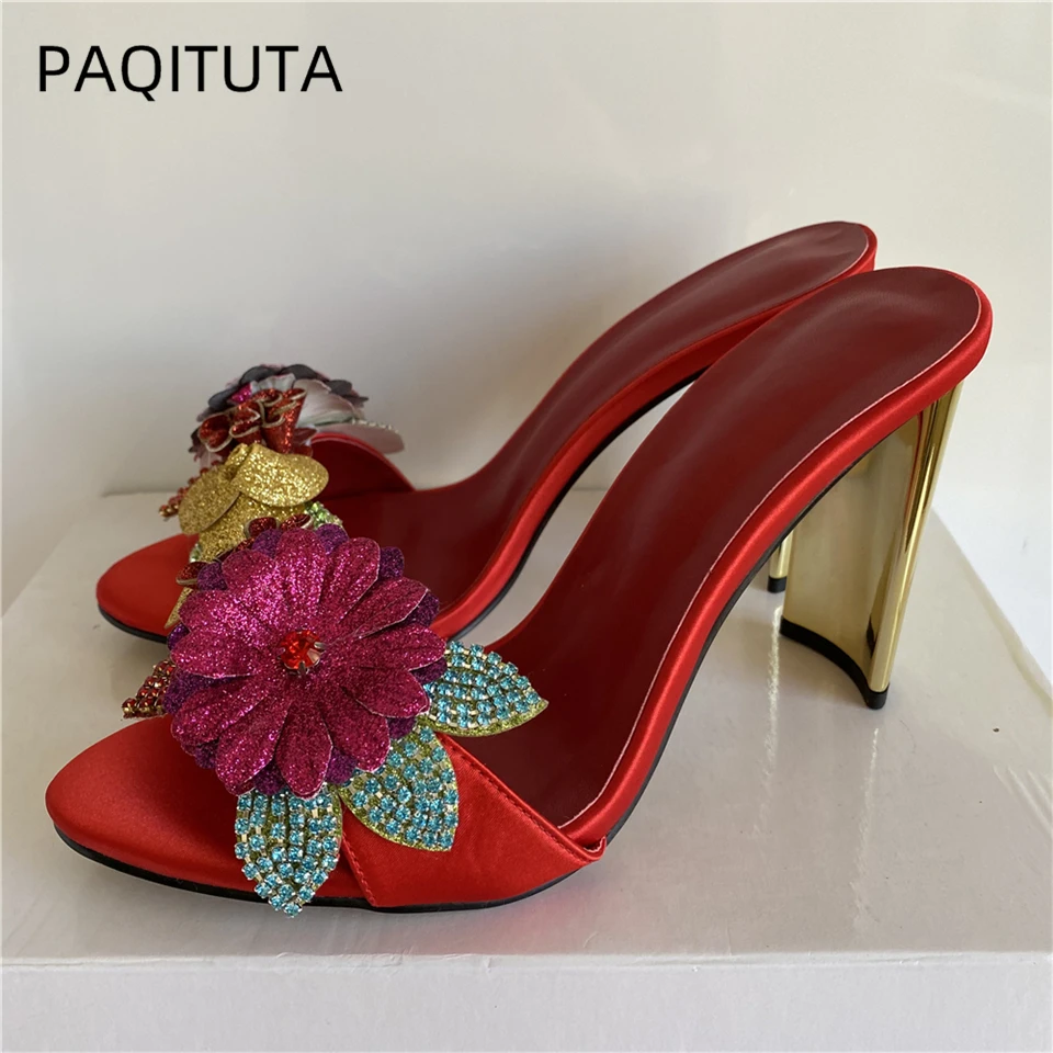 

Colorful Bling Crystal Handmade Flower Sandals Women Unique Strange Heel Luxury Satin Slingbacks Party Shoes Summer