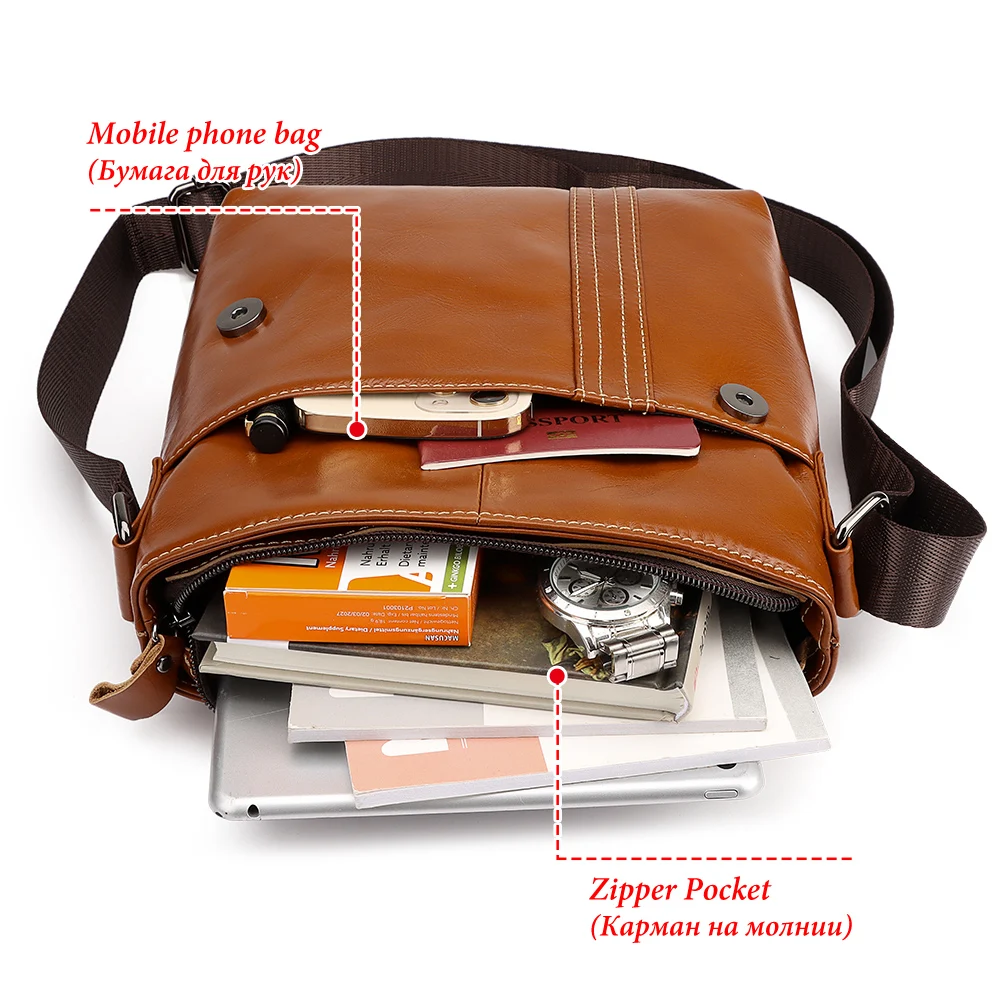 2023 New Genuine Leather Men's Messenger Bag Business Travel Shoulder Bag Male Luxury Crossbody Bags with Zipper Phone Pocket