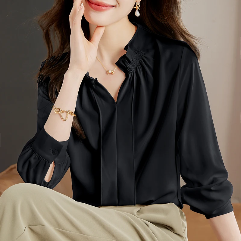 Новая женская блузка с длинным рукавом белая черная шифоновая v-образным вырезом