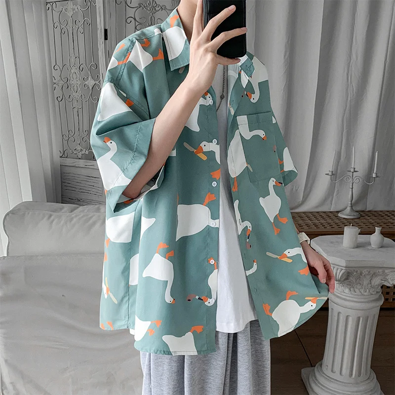 

New Casual Street Printed Short Long Sleeve Duck Print Shirt Women Men 2023 Hawaii Beach Oversize Fashion Harujuku Shirts Couple
