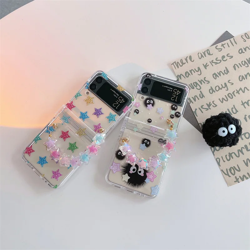 

Lovely Colored Star Plush Ball Phone Case for Samsung Galaxy Z Flip 4 3 Hard Cover for ZFlip3 Zflip4 Solid Shell Bracket