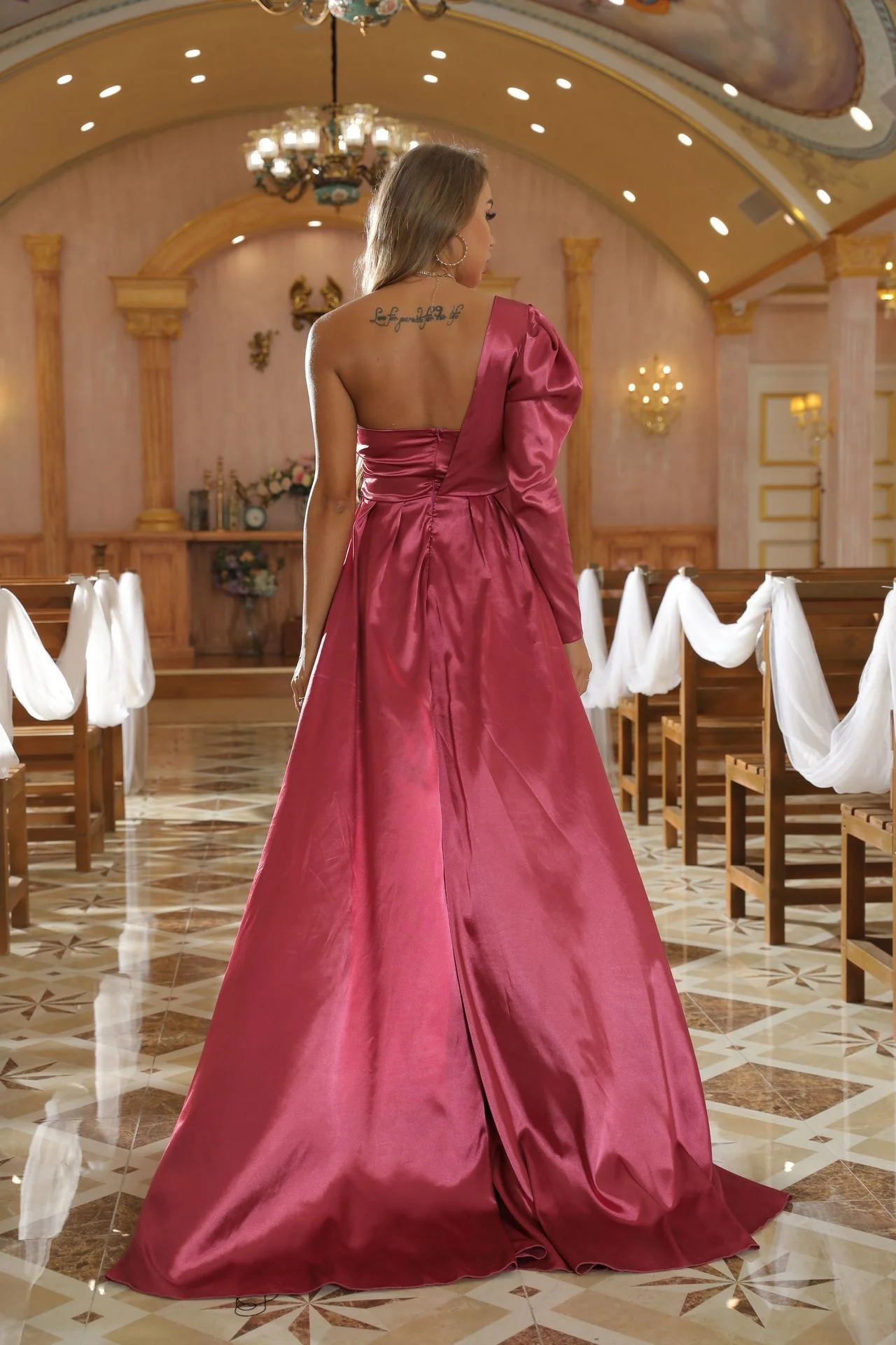 

2023Casual elegant comfortable slim dress,Toast dress bride new wedding autumn and winter Satin wine red back door long sleeve F