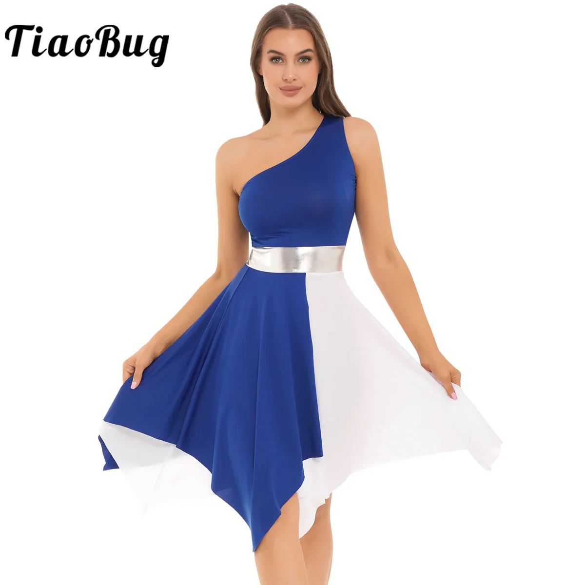 

Ballet Dance Dress Women Adult One Shoulder Sleeveless Leotard Dancewear Color Block Lyrical Dance Dress Performance Costumes