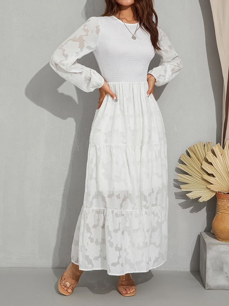 

Женское длинное плиссированное платье, элегантное пляжное платье с длинными рукавами, кружевным цветочным принтом, круглым вырезом и V-обра...