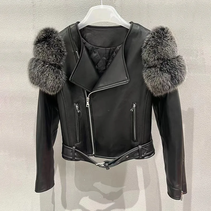 Autumn Winter Luxury Women Real Sheep Leather Jacket With Fur Lambskin Coats Lady Genuine Leather Jackets Female Outwear GT5081