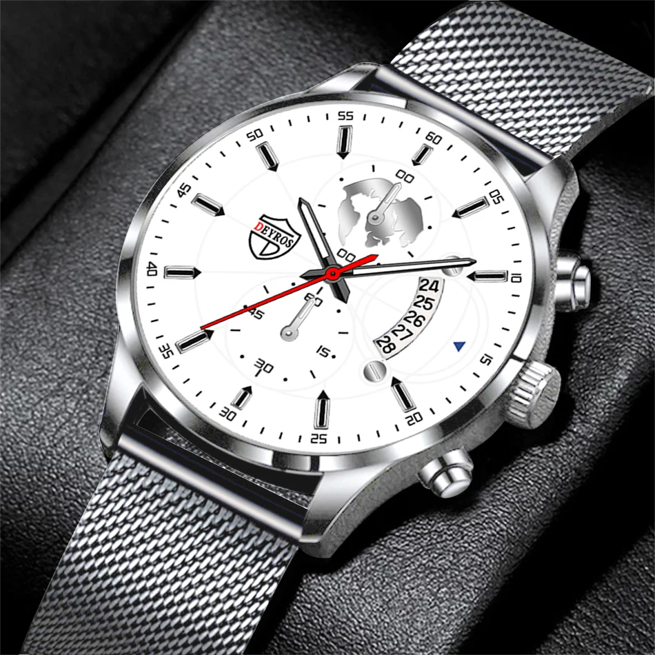 

Часы наручные мужские кварцевые с сетчатым браслетом, модные роскошные деловые повседневные, с кожаным ремешком из нержавеющей стали