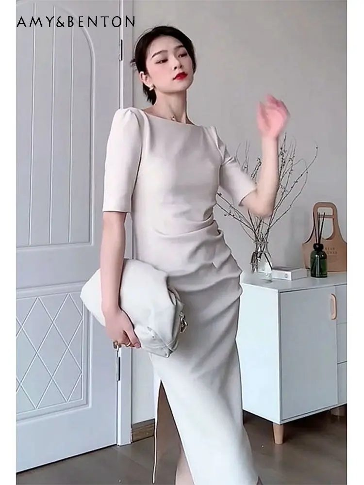 

Short Sleeve Waist-Controlled Solid Color Dress Women's French Style High Sense Slimming Temperament Socialite Summer 2023 Dress