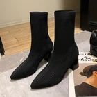 Вязаные эластичные ботильоны, новинка, модная блестящая обувь для вечеринки, женские повседневные остроносые ботинки без шнуровки, женская обувь на высоком каблуке, размера плюс 43