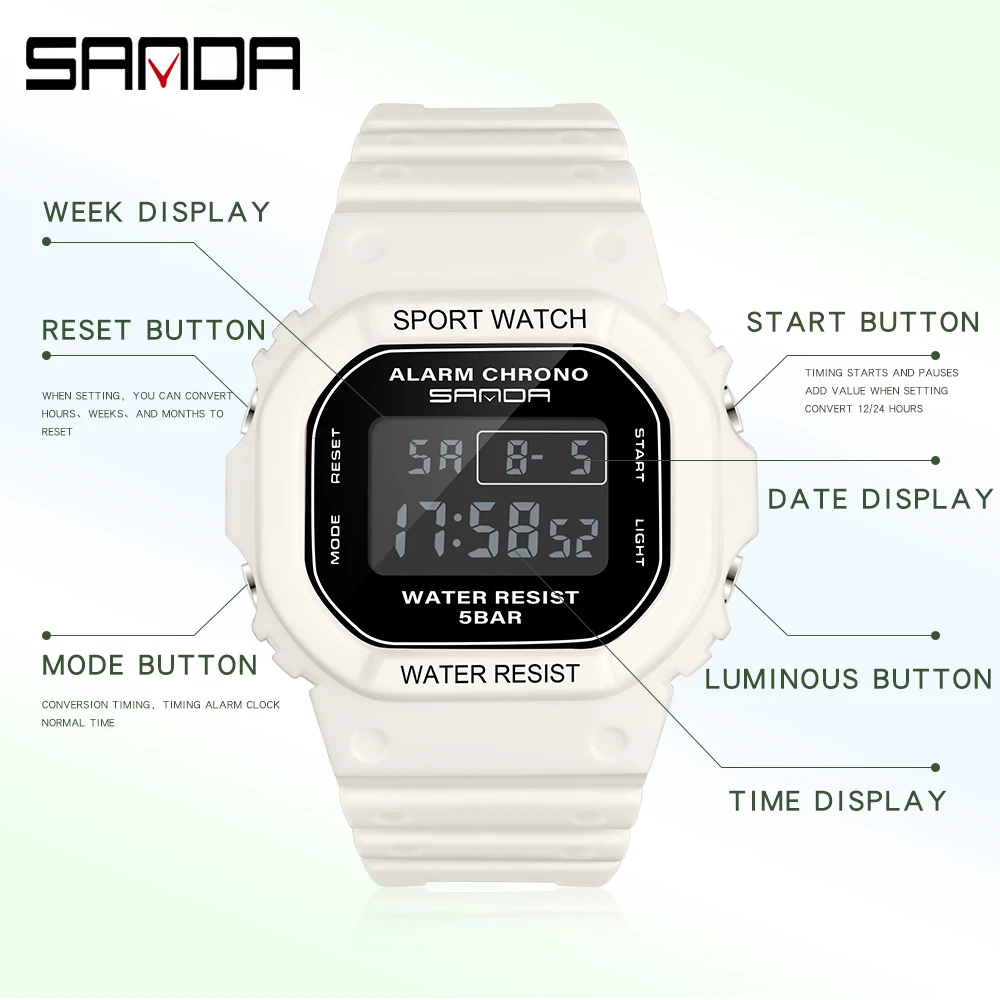 Sanda G Style Белые Современные женские часы со светодиодным цифровым дисплеем
