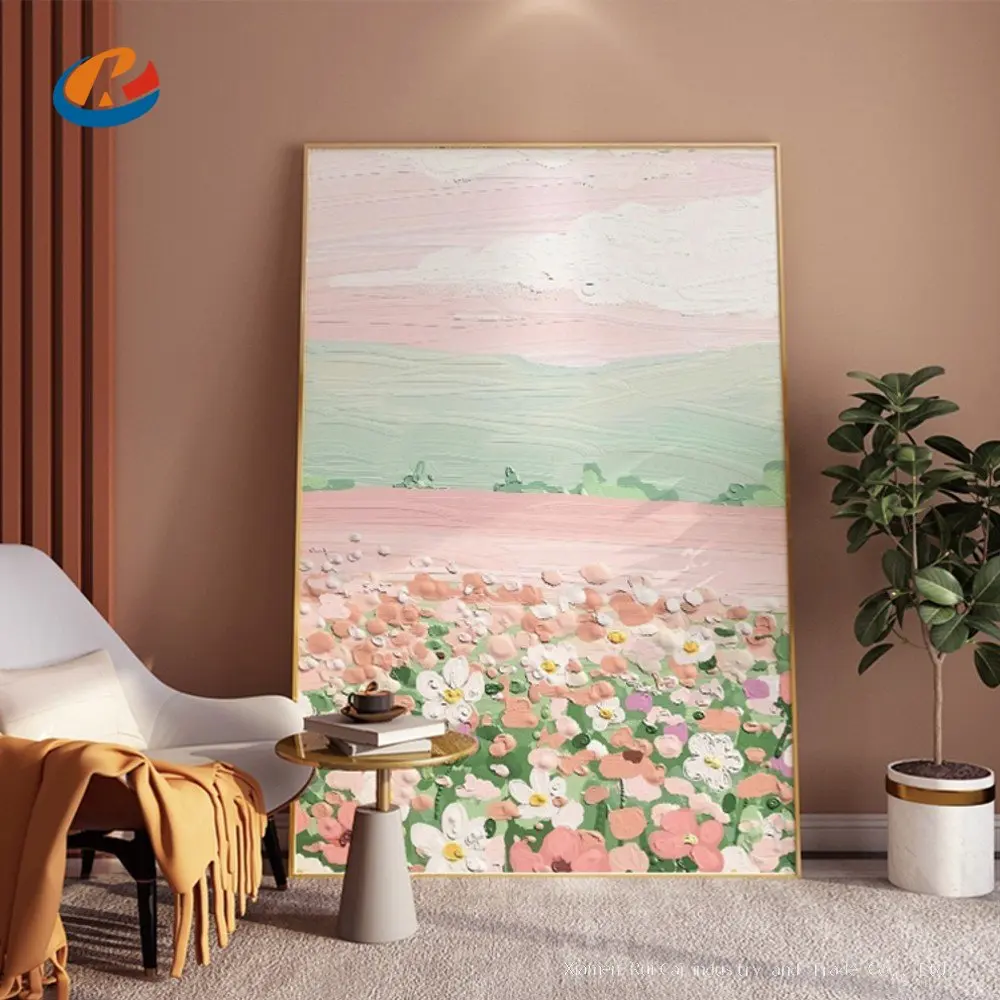 

Pink flower sea flower landscape hand -painted painted cream decorative painting healing system porch texture hanging painting