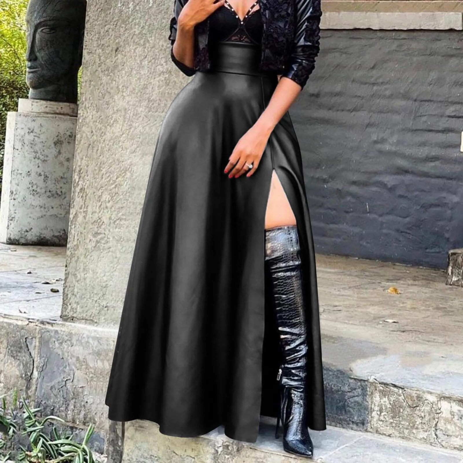 

Новинка Женская сексуальная кожаная одежда с высоким разрезом юбка неправильной формы пикантная однотонная кожаная юбка в европейском и американском стиле