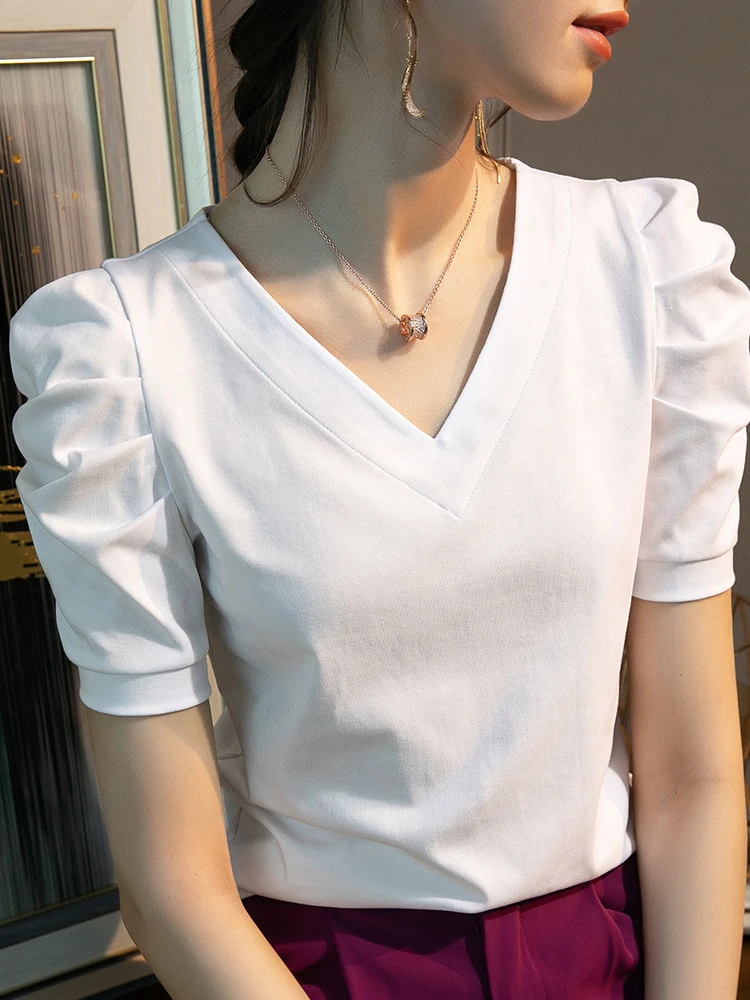 Футболка женская с V-образным вырезом одежда топы коротким рукавом Новинка лета