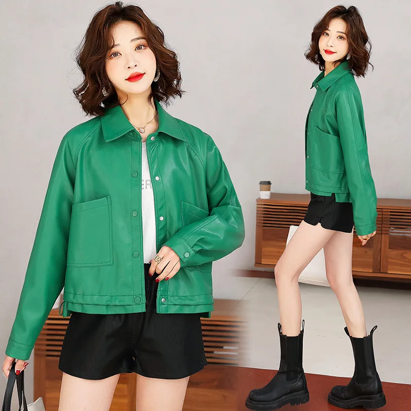 KoHuiJoo Green Short Leather Coat Women Korean 2022 Spring Autumn Fashion Popular PU Leather Jacket Loose Drawstring Pocket