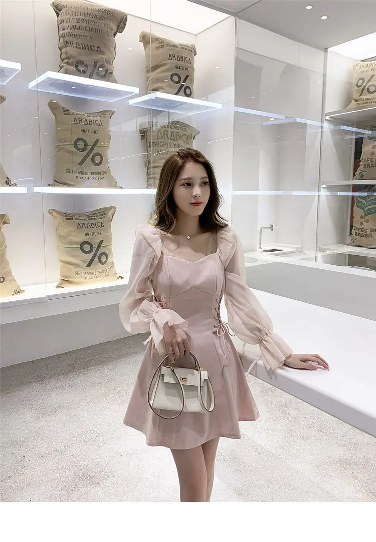 

Vintage Women Retro Square Collar Long Sleeve Lace Up Side Bandage Short Dress for Women Mesh Long Sleeve Solid Dresses BB24