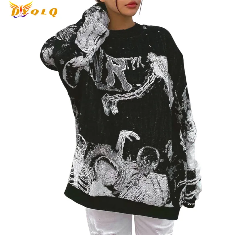 

Gothic Abstract Print Autumn Women Pullover Round Neck Long Sleeve Black T-shirt Autumn Harajuku Hoodies Tees Top Streetwear
