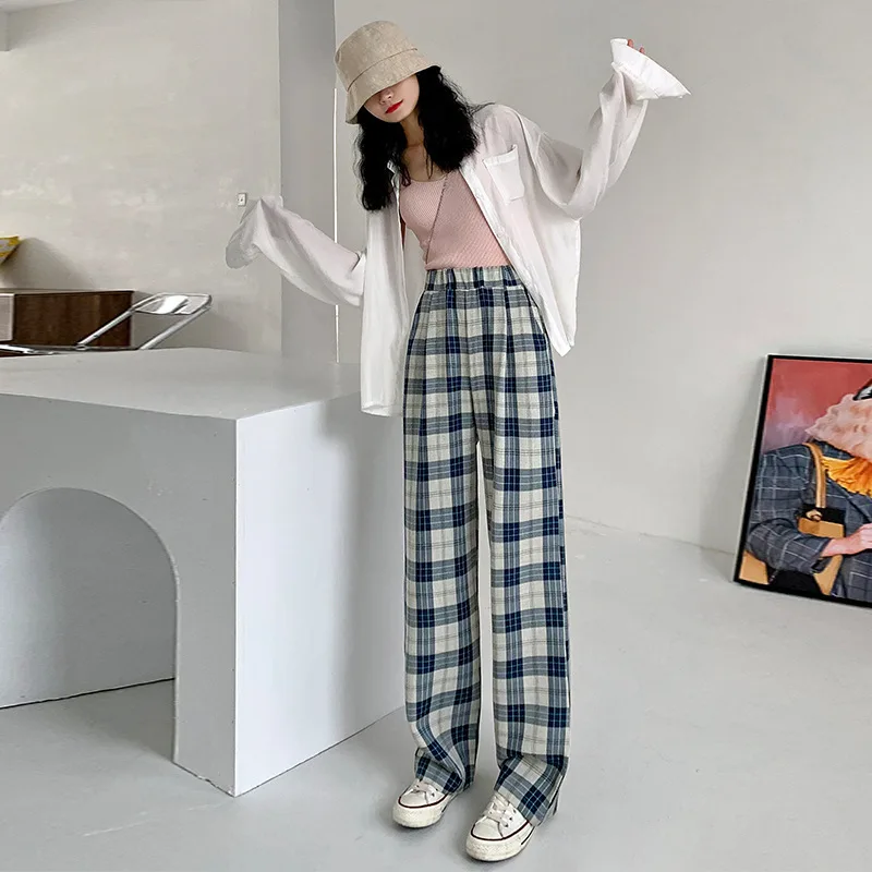 

Брюки женские клетчатые с широкими штанинами, Свободные повседневные штаны с завышенной талией, уличная одежда в Корейском стиле, весна-лет...