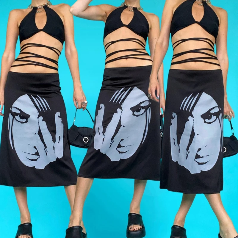 

Vintage Portrait Print Black Maxi Skirts Harajuku High Waist Straight Skirt Women E-girl Grunge Emo Alt Streetwear