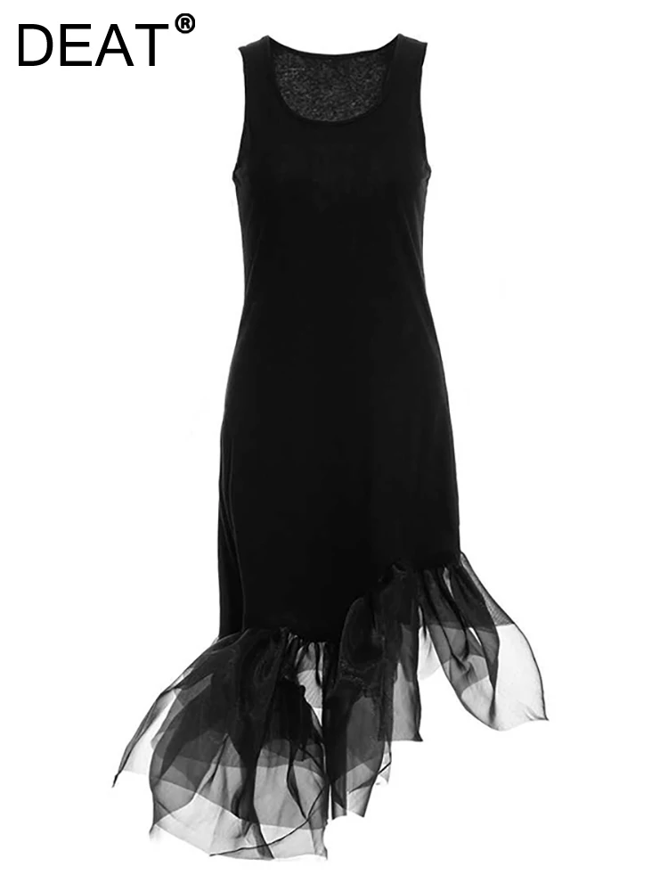 

Женское хлопковое платье без рукавов DEAT, облегающее асимметричное черное Сетчатое бальное платье с О-образным вырезом, модель GX249 на лето, ...