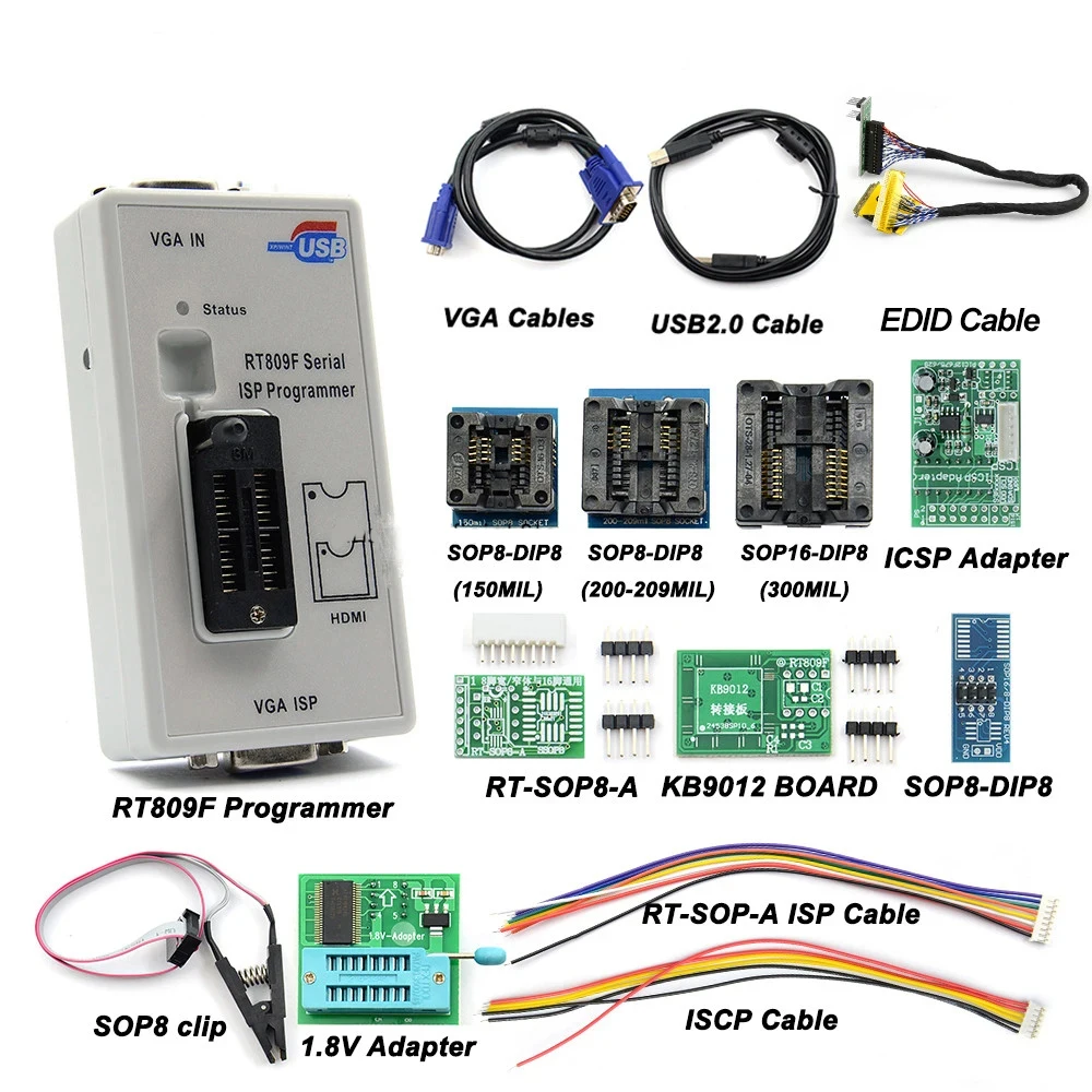RT809F ISP последовательный программатор с 12 адаптерами RT809 ЖК-чип USB Eeprom инструменты