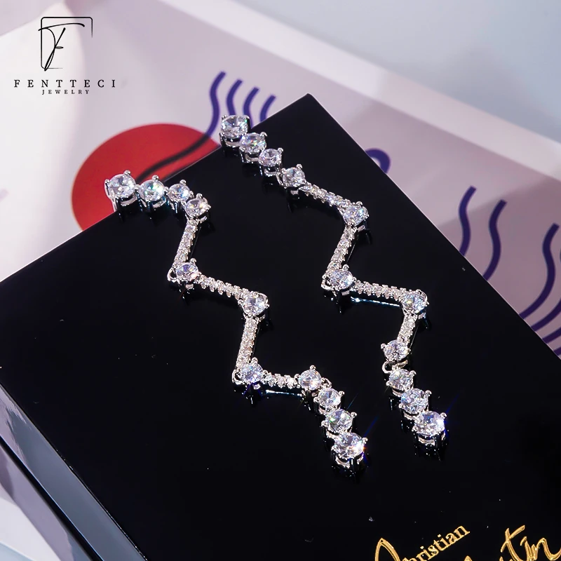 FENTTECI 925 Sterling Silver Temperament Full Of Diamonds And Tassel Long Ear Line Women's Dinner Party Earrings For Girlfriend