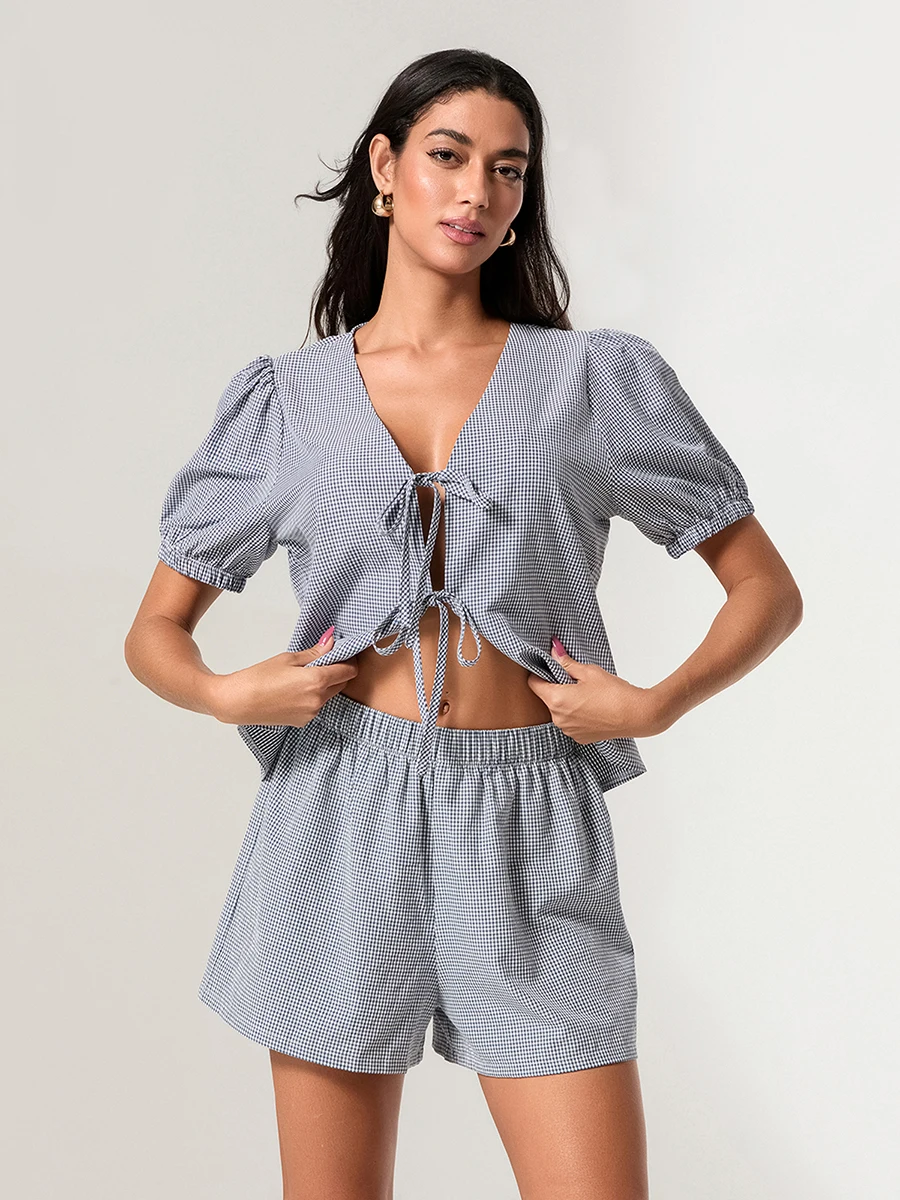 Женский клетчатый наряд свободный топ с v-образным вырезом и пышными рукавами