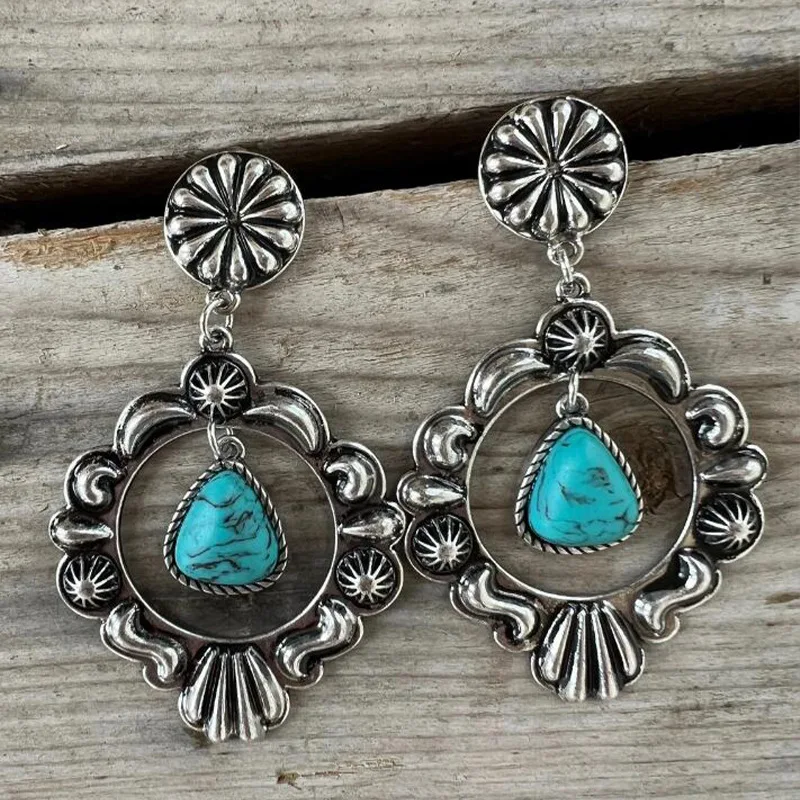 

Tibetan Water Drop Natural Blue Stone Earrings Ethnic Antique Silver Color Carved Flower Metal Dangle Earrings For Women